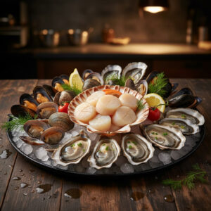 scallops, clams, oysters and mussles